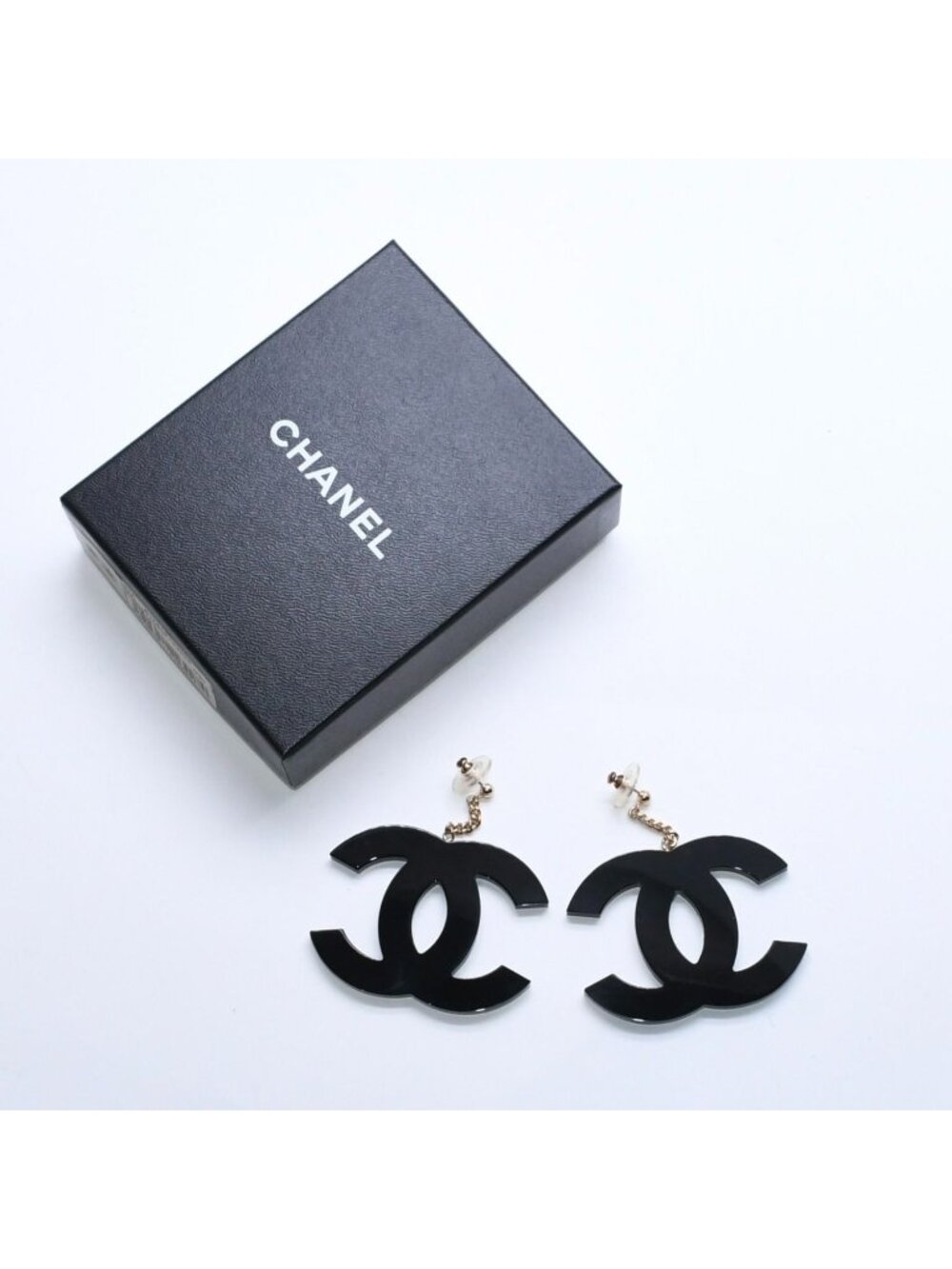 Chanel CC Logo Earrings Jumbo CC Vintage 01A Stamp Plastic Metal Black Gold